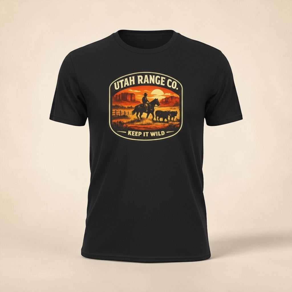 Big Sky Ranch Co. Keep It Wild cowboy sunset T-shirt featuring a vibrant sunset and wilderness design on soft cotton fabric.