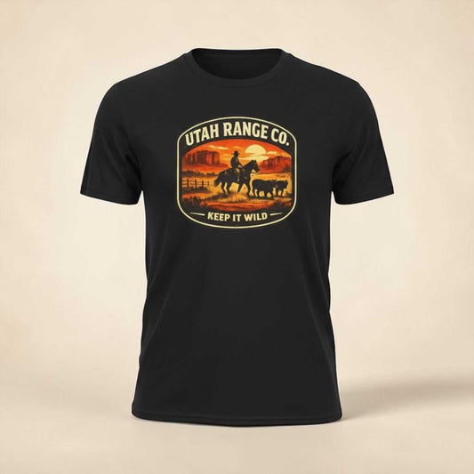 Big Sky Ranch Co. Keep It Wild cowboy sunset T-shirt featuring a vibrant sunset and wilderness design on soft cotton fabric.