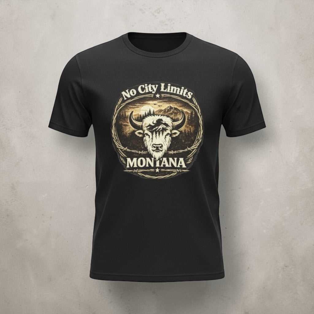 Vintage Montana Bison T-shirt by Big Sky Ranch Co. featuring "No City Limits" Western design on a classic T-shirt.