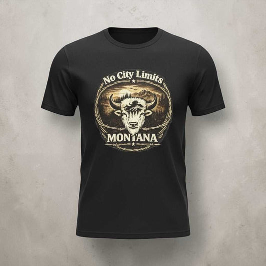 Vintage Montana Bison T-shirt by Big Sky Ranch Co. featuring "No City Limits" Western design on a classic T-shirt.
