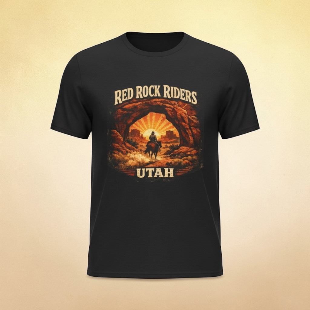 Red Rock Riders Utah vintage motorcycle sunset graphic T-shirt by Big Sky Ranch Co. displayed with bold red color and detailed design.