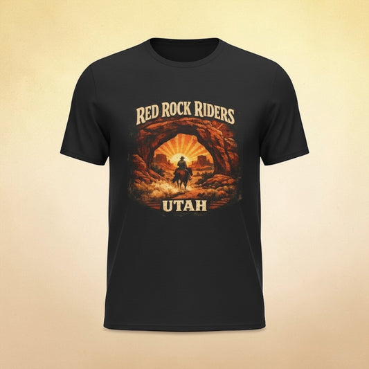 Red Rock Riders Utah vintage motorcycle sunset graphic T-shirt by Big Sky Ranch Co. displayed with bold red color and detailed design.
