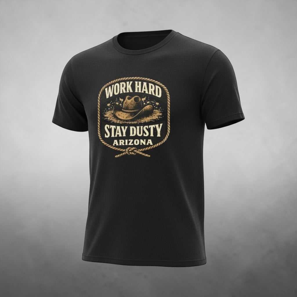 Big Sky Ranch Co. Arizona Work Hard Stay Dusty vintage Western cowboy T-shirt with rugged design and southwestern style.