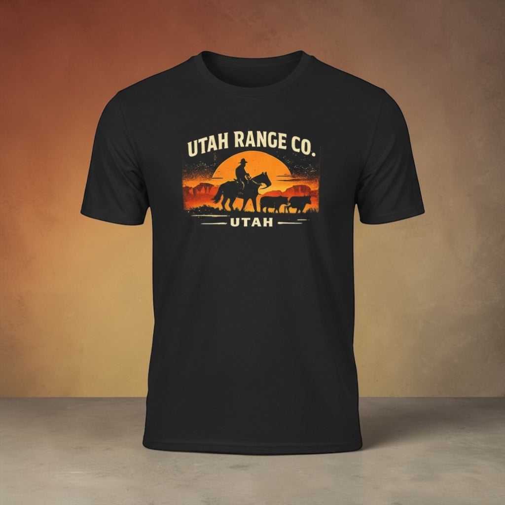 Sunset cowboy T-shirt by Big Sky Ranch Co. featuring Utah Range Co. logo with western cowboy and sunset design.