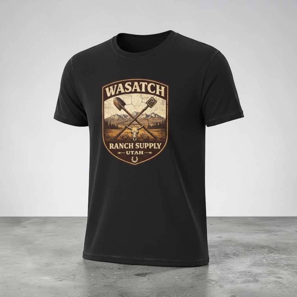 Big Sky Ranch Co. Wasatch Ranch Supply vintage Utah Ranch Badge T-Shirt featuring a rugged graphic design and classic fit.