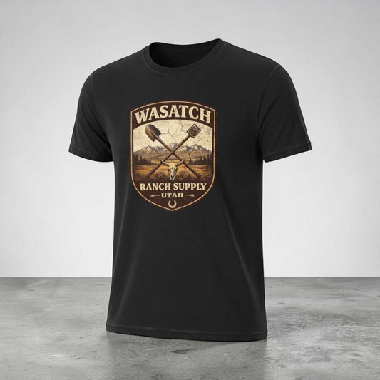 Big Sky Ranch Co. Wasatch Ranch Supply vintage Utah Ranch Badge T-Shirt featuring a rugged graphic design and classic fit.