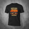 Arizona Big Sky Ranch Co. cowboy T-shirt with "Work Hard Ride Free" slogan, featuring rugged western style fabric and design.