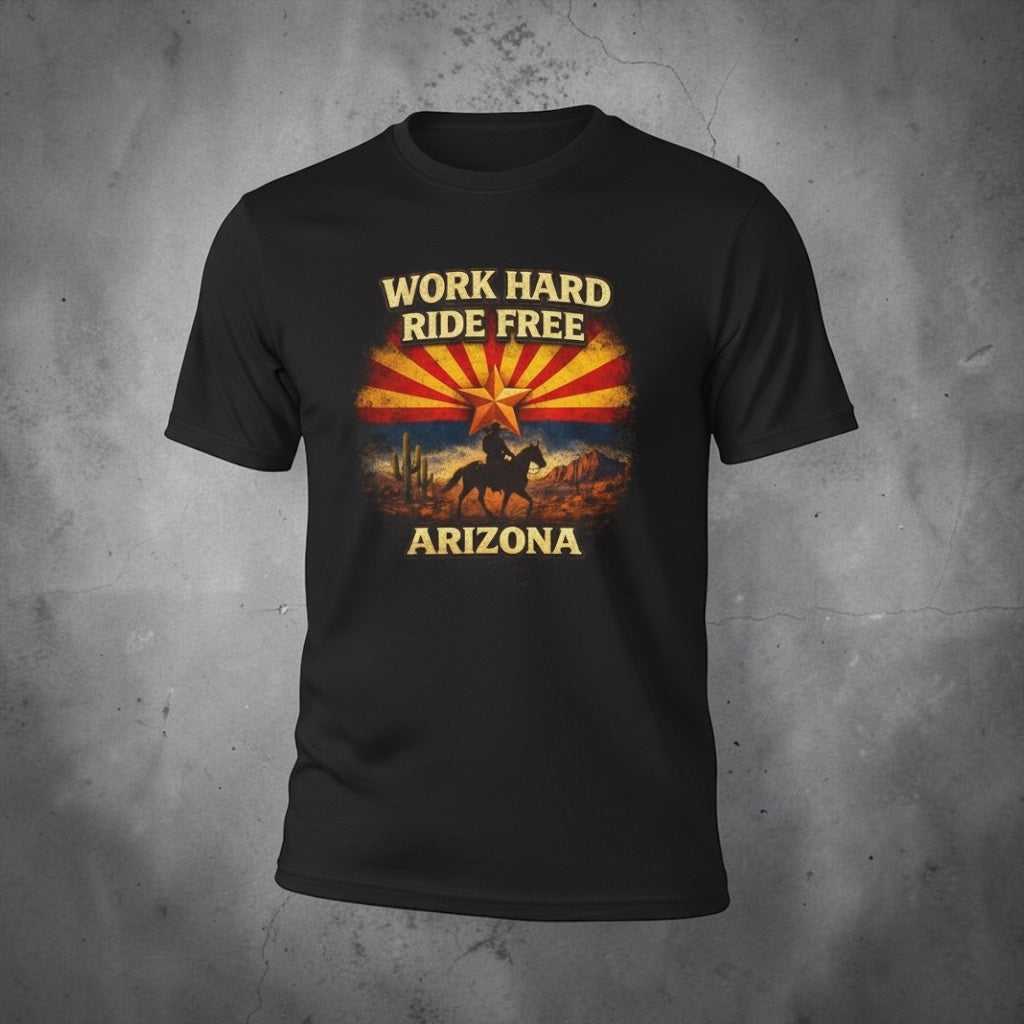 Arizona Big Sky Ranch Co. cowboy T-shirt with "Work Hard Ride Free" slogan, featuring rugged western style fabric and design.