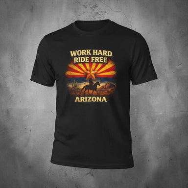 Arizona cowboy T-shirt design with ‘Work Hard Ride Free’ text, featuring a rugged western cowboy and desert theme