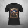 Black Wyoming Bison graphic tee with American flag background