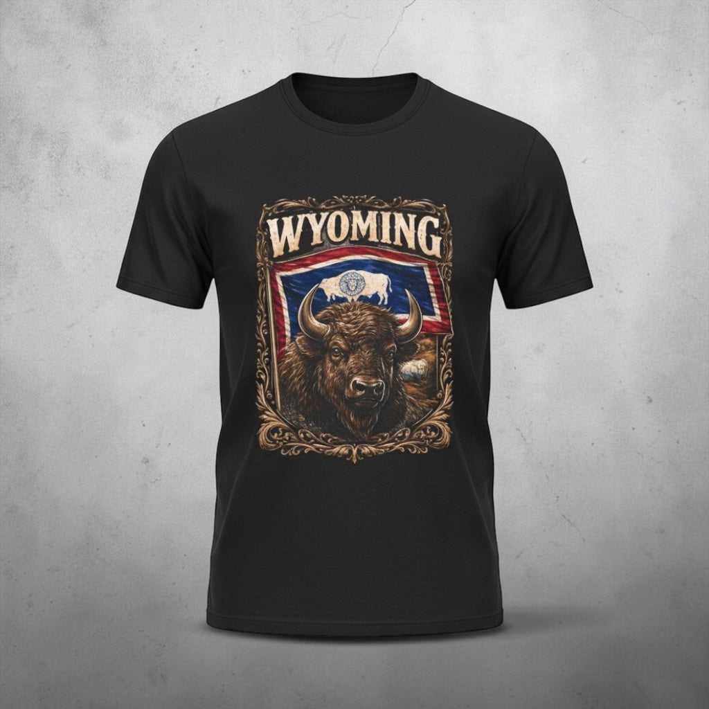 Black Wyoming Bison graphic tee with American flag background