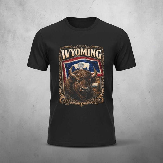 Black Wyoming Bison graphic tee with American flag background